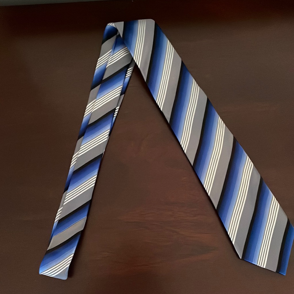 Alfani Black, Gray, White, & Blue Diagonal Striped Mens Tie